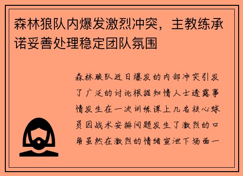森林狼队内爆发激烈冲突，主教练承诺妥善处理稳定团队氛围