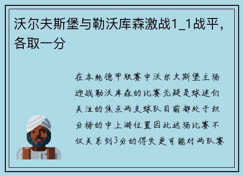 沃尔夫斯堡与勒沃库森激战1_1战平，各取一分